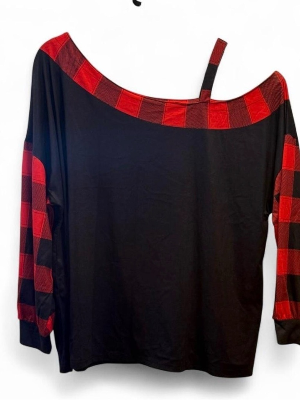 Black Tunic Top with Red Plaid Trim